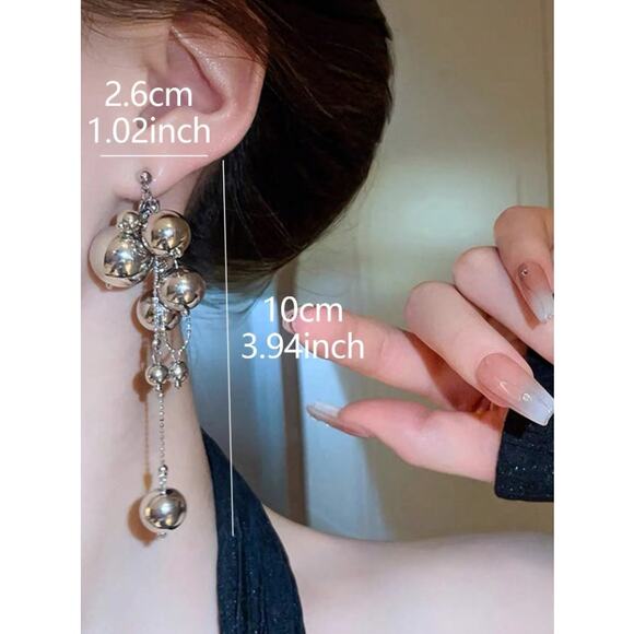 Silver Tone Statement Drop Earrings – Multi Ball Chain Dangle Earrings - Picture 2 of 5